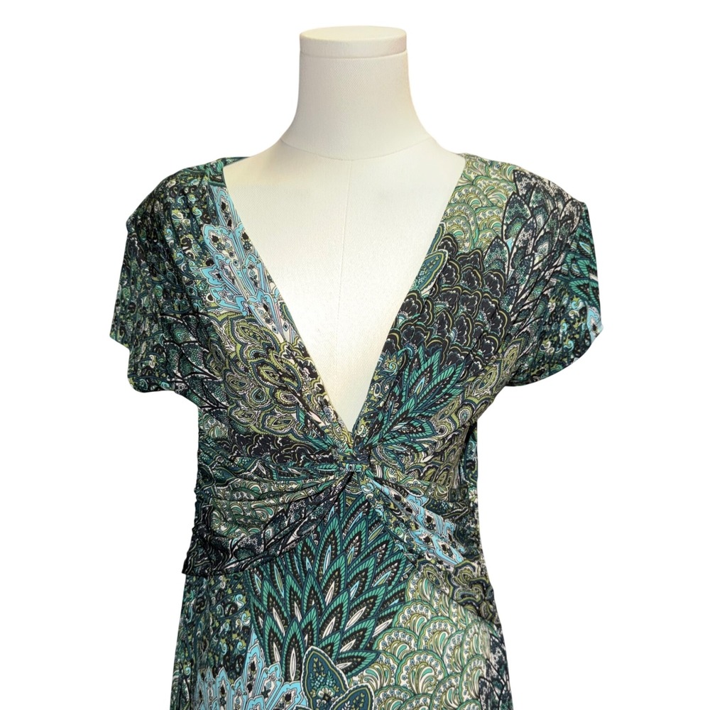 Connected Apparel Green Paisley Peacock Print V-Neck Twist Front Dress Size 10 - Picture 2 of 8